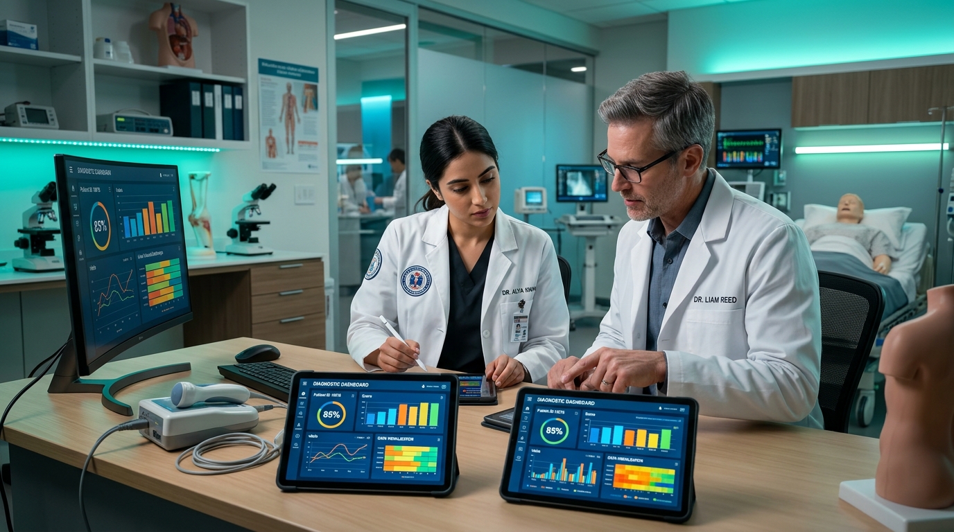 Healthcare examination preparation laboratory with diagnostic monitors and tablets
