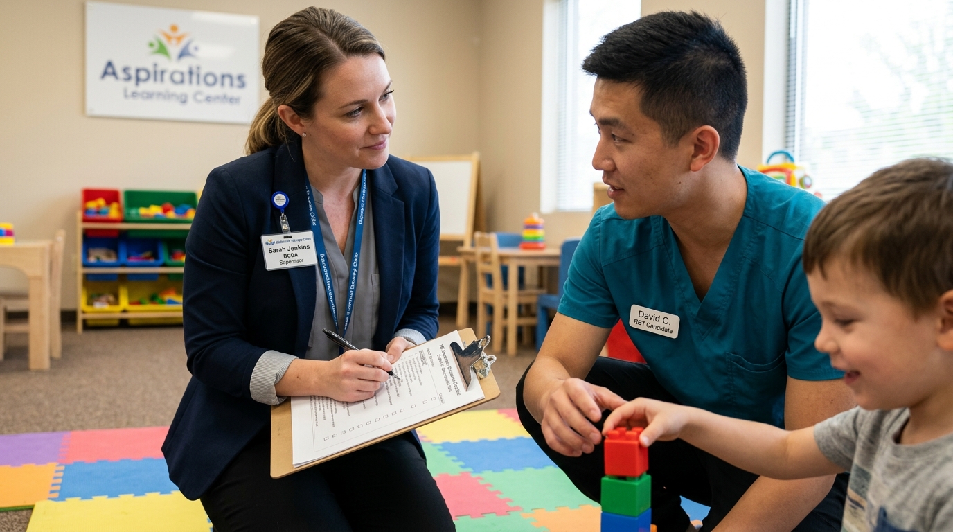 Board Certified Behavior Analyst supervising an RBT candidate during an observational competency evaluation